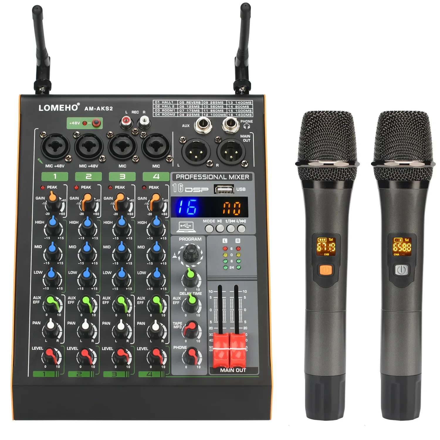 LOMEHO Console di missaggio a 4 canali Mixer audio audio Bluetooth a 16 effetti con 2 microfoni wireless a frequenza regolabile AM-AKS2
