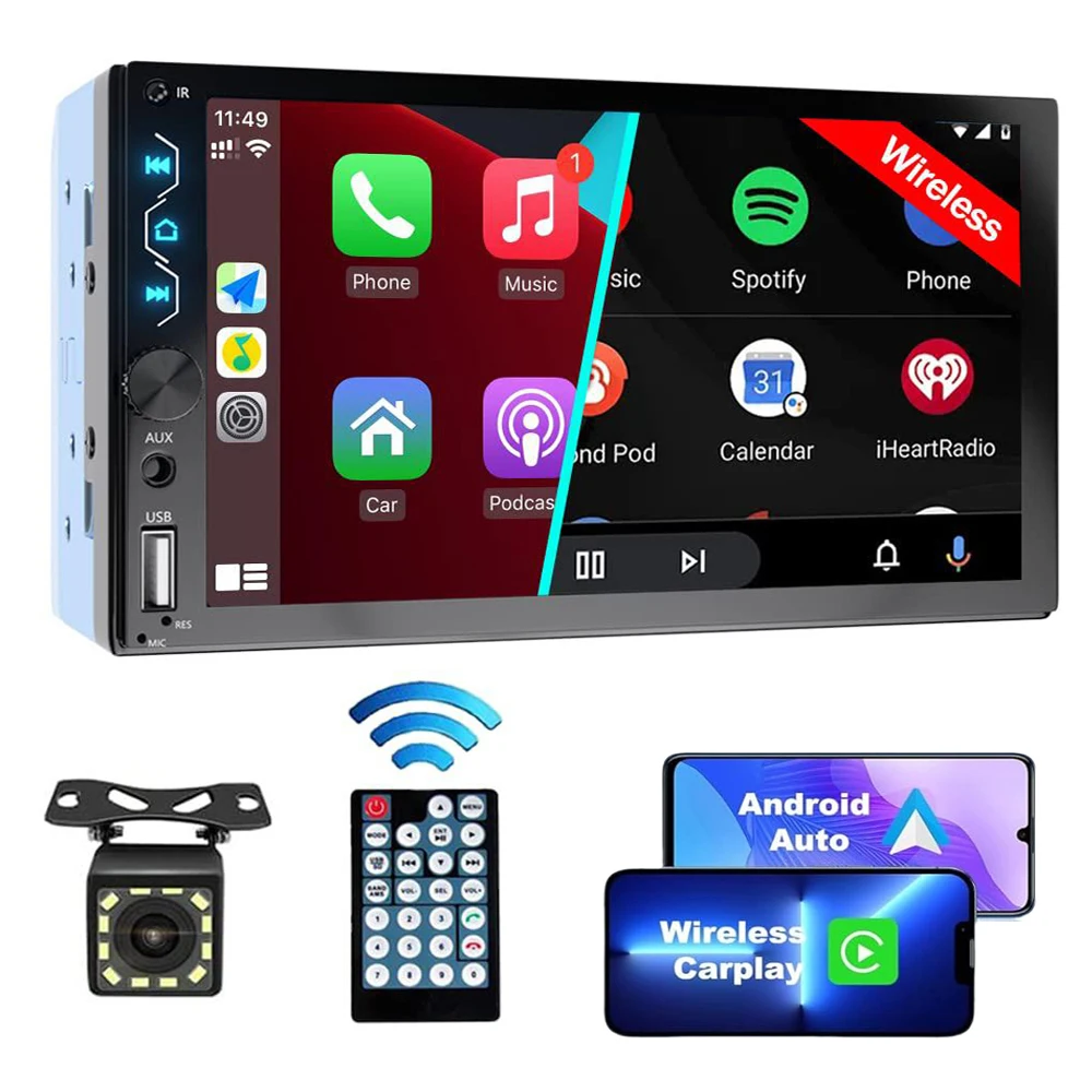 Autoradio wireless da 7 pollici Stereo 2 Din HD Touch Screen Carplay Android Auto Lettore video per auto con telecamera posteriore Bluetooth FM