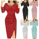 Women's Dress Sexy V Neck Ruched Bodycon Midi Dress Solid Color Sequin Sparkly Pleated Split Dresses