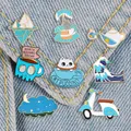 Sea wave enamel pin Blue Cute Cat coffee cup badge brooches Iceberg Teapot Electric car Lapel pin