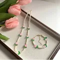 Delicate Tulip Imitation Pearl Choker Necklace for Women Girls Sweet Flower Green Leaves Necklace