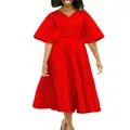 Estate moda donna africana scollo a v poliestere manica corta svasata rosso nero rosa abito al