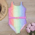 Rainbow Print Children Girl Swimwear Swimsuit 2023 Belt Deco Child Girls Kids One Piece Swimwear