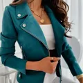 Autumn Coats Women 2023 Spring Full Sleeve Zippers Casual Elegant Turn Down Collar Short Blue Slim