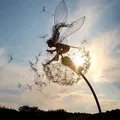 Pixies Fairy Garden Sculptures Stake Fairies and Dandelions Dance Together Landscape Metal Miniature