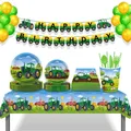New Farm Tractor Themed Disposable Tableware Cup Plate Set Kids Birthday Tablecloth Balloon Banners