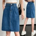 New Korean Fashion Sexy Splicing Fold Woman Skirts Womens Medium-long Jean Skirt Casual Female