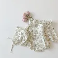 2Pcs Floral Lace Ruffle Cute Baby Romper + Hat Set Infant Vintage Floral Long Sleeve Jumpsuit