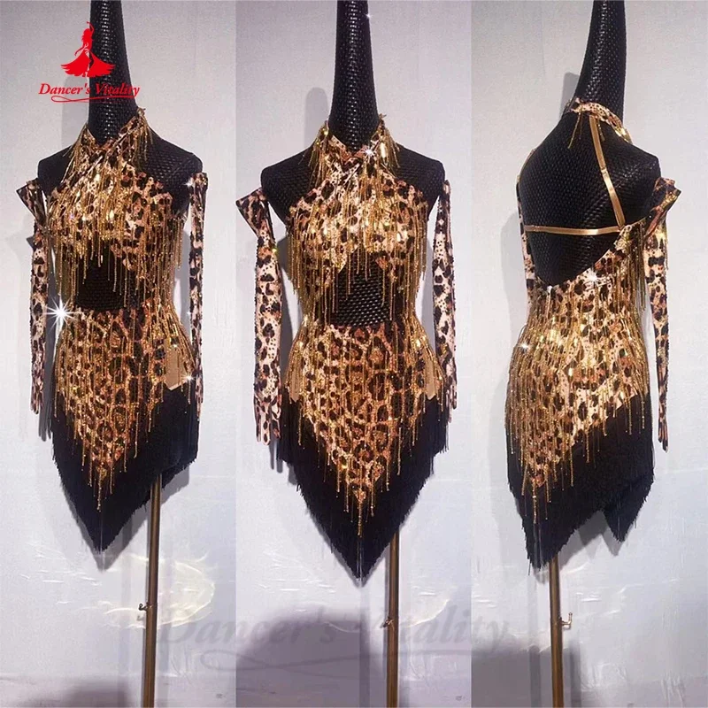 Abiti da ballo latino Donna Abito body sexy a maniche lunghe su misura Rumba Chacha Tango Costume da donna Abito latino per adulti