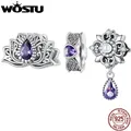 WOSTU 925 Sterling Silver Lotus Flower Beads Purple Crystal Pearl Charms Drop Pendant Fit Original