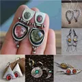 2022 New Ethnic Style Geometric Oval Two Tone Crystal Pink Green Resin Stone Cute Pendant Earrings