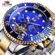 TEVISE Tourbillion Calendar Design Blue Golden Royal Navy Mens Automatic Brand Watch Top Luxury