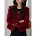 Vintage Tweed Jacket Women Autumn Red Single Breasted Short Coats Female Pockets Elegant Thickened