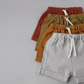 Retro Cotton Linen Drawstring Boys Shorts Summer New Girls Comfortable Elastic Waist Loose Casual