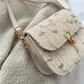 Floral Embroidery Straw Saddle Bag Mini Woven Crossbody Bag Women's Buckle Decor Flap Purse