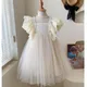 Children's Princess Dress In Green Korean Style Baby Party Dress with Lace Pearl Mesh Flare Sleeves