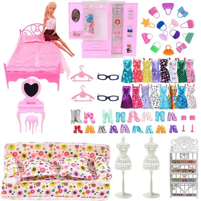 Miniature Doll House Accessories Barbiees clothes Jewelry Shoe Mirror Bed Table Chair Toys For Girl