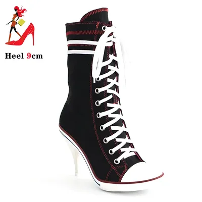2024 Women Boots Design Stiletto High Heel Canvas Shoes Fashion Lady Lace up Pointed Ankle Shoes