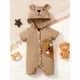 0-9 Months Newborn Baby Boy Girl Ribbed Brown Short Sleeve Bear Print Hooded Romper Fashion Lovely