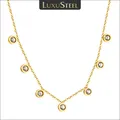 LUXUSTEEL Chic 7 Stones Round Crystal Zircon Pendant Necklace for Women Stainless Steel Rolo Link