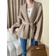 Women's Knitted Cardigan Sweater with Belt Loose Oversized Cardigans Solid Khaki Warm Lace Up Waist