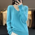 100% pura lana 2024 autunno e inverno nuovo maglione di cashmere pullover con scollo a V da donna moda pullover a maniche lunghe in tinta unita