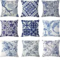 Vintage Blue Flower Cotton Linen Pillow Case Chinese Style Pillow Cover Bird Girl Pattern Cushion