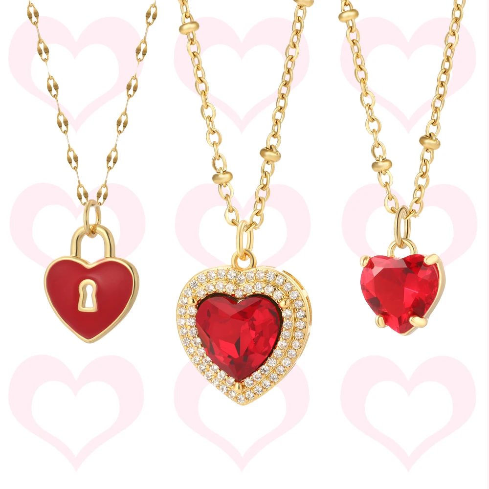 Collana con ciondolo a forma di cuore rosso di lusso per donna Collana girocollo in acciaio inossidabile con catena da donna romantica Gioielli alla moda con grandi zirconi