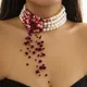 Goth Vintage Red Blood Pattern Imitation Pearl Chain Necklace for Women Wed Bridal Long Tassel Beads