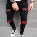 American Fashion Black Red Patchwork Men's Jeans High Street Korean Slim Trousers Ripped Hole Hip