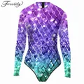 freebily Swimsuit Women One Piece Swimsuit Long Sleeve Zippper Fish Scale Printed Mermaid Swimsuit