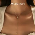 MODIAN 925 Sterling Silver Shiny Y-Shaped Pendant Necklace Gold Color Clear CZ Long Chain Necklace