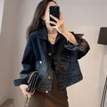 Female Jeans Coat Short Spring Autumn Small Crop Outerwears Graphic Blue Leopard with Print Women's