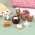 Dollhouse Mini Panda Figurines Set Micro Landscape Ornaments Resin Tea Set Table Chair Model DIY