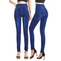 CUHAKCI Fashion Slim Faux Denim Jeans Leggings da donna per allenamento Fitness tasca stampa