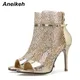 Aneikeh Fashion Spring Gold Glitter Rhinestone Mesh Ankle Sandals Boots High Heels Sexy Booties