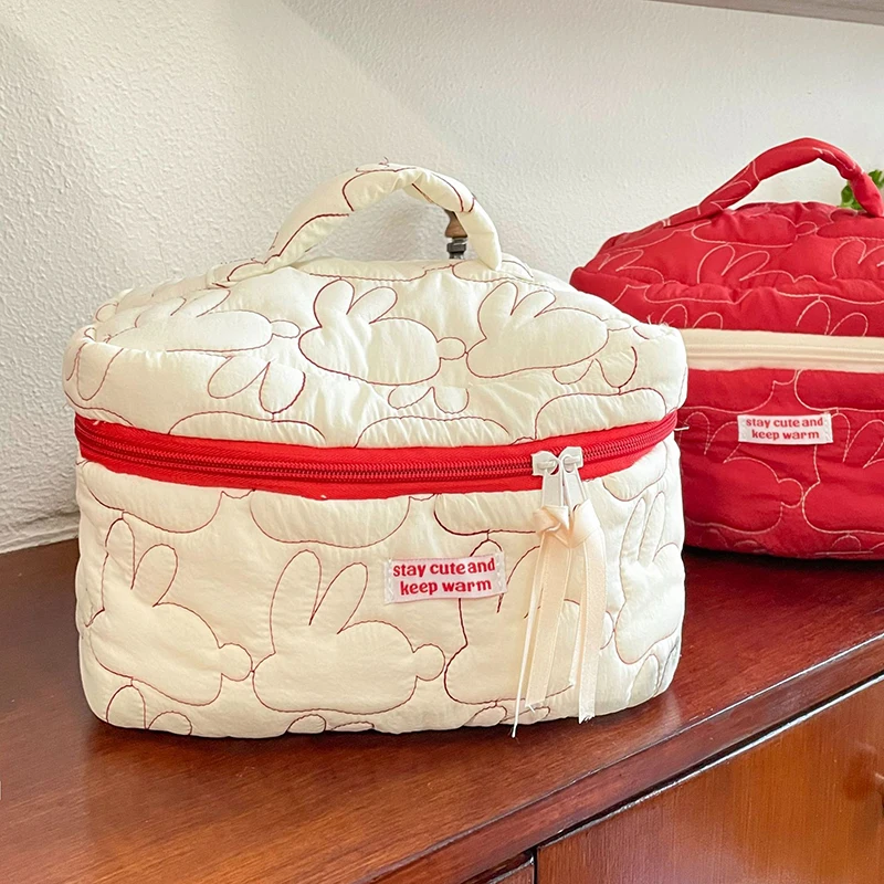 Borsa per cosmetici in cotone trapuntato con coniglio portatile da donna carina Borsa da donna Tote per trucco Borse da viaggio per organizer con cerniera
