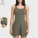 2in1 Square Neck Tennis Golf Dress Skirt Soft Nylon Sleeveless Exercise Sport Dresses with Built In
