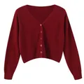Women's Long Sleeve Cropped Cardigan V Neck Button Down Knit Lady Autumn Winter Knit Single-breasted