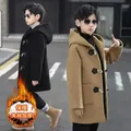 2023 New Boy Wool Coat Winter Fashion Hooded Jacket Solid Single-Breasted Plus Cotton Warm Outerwear