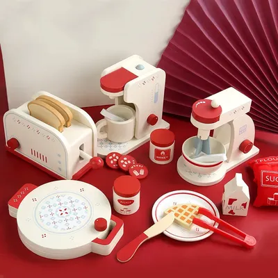 Wooden Kitchen Playset Kids Pretend Play Cooking Kitchen Toy Toaster Coffee Mixer Waffle Maker