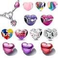 Silver Colour Metallic Pink Heart Charm Heart-shaped Beads Fit Pandora Silve Original Bracelets