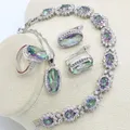 Silver 925 Jewelry Set Bridal For Women Rainbow Topaz Wedding Bracelet Necklace Rings Birthday Gift