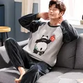 Autumn Winter New Coral Fleece Pajamas for Man Round Neck Long Sleeve Lounge Sets Man 2 Piece