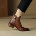 Genuine Leather Chelsea Boots Women Mid Heel Elastic Band Slip-On Ankle Short Boot Retro West Cowboy