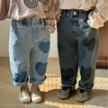 2024 Spring New Girl Baby Patch Love Jeans Retro Boy Children Pockets Casual Pants Loose Kid Cotton