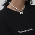 Pearl Bead Chain Necklace Butterfly Pendant Necklace for Women Fashion Short Choker Necklace Neck