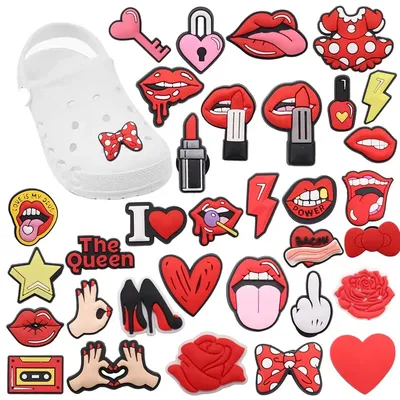 Hot Sale 1pcs Shoe Charms Red Lip Heart Rose Lightning Love PVC Accessories Garden Shoes Buckle Decorations Fit Kids X-max Gift