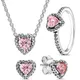 925 Sterling Silver Ring Necklace Earrings Fashion Diamond Heart Pink Set Fit Design Original