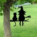 Iron Silhouette Cute Witch And Cat Garden Stake On The Branch Yard Art Decor Tree Stump Plug-in